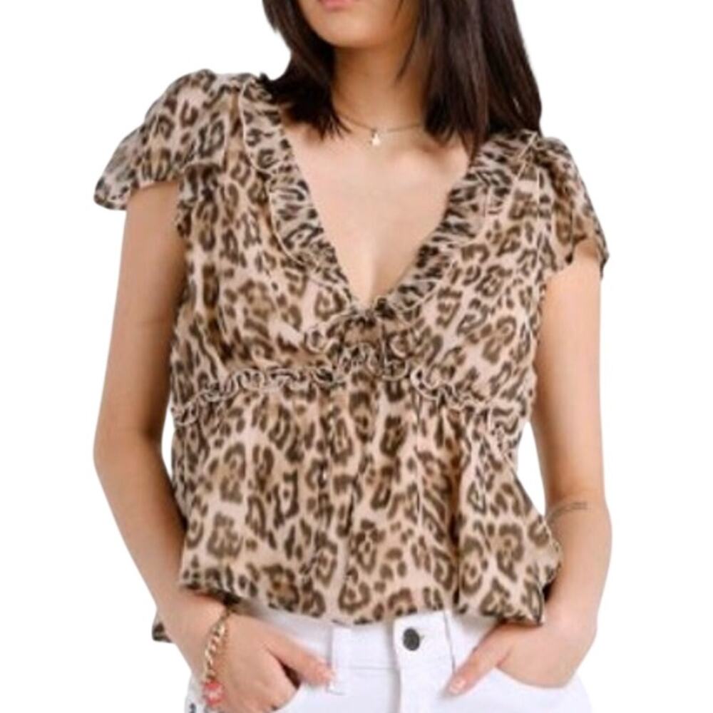 NEW AE American Eagle Leopard Print Tie Short Sleeve Top Medium Ruffle Brown